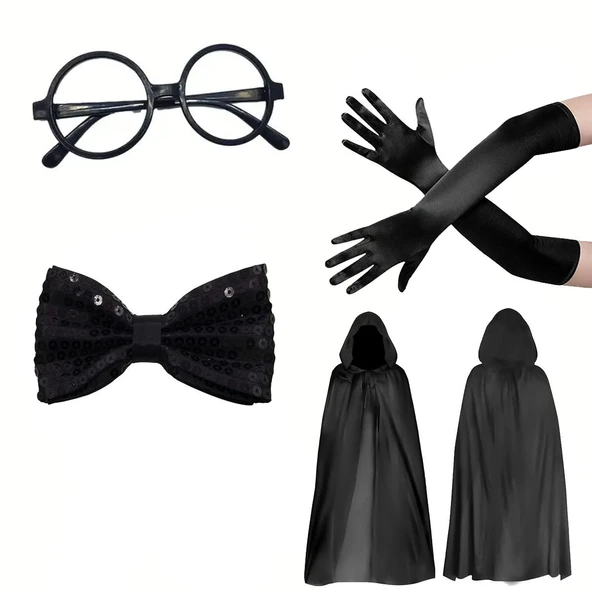 Siyah Kapüşonlu Büyücü ve Cadı Pelerin Kostüm Seti (4 Parça) - Resim 4