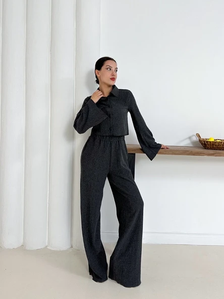 Gömlek yaka kaplama düğmeli takım antrasit - Resim 13