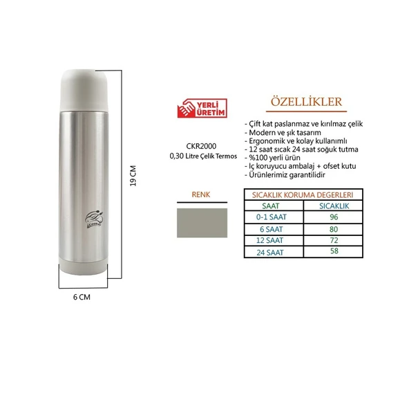 Cooker çelik matara termos  - çelik su çay termosu 300 ml. ckr2000 gri - Resim 2