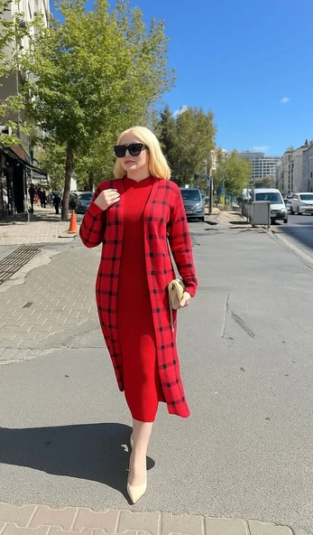 Triko Hırka elbise ikili takım kırmızı ürün görseli