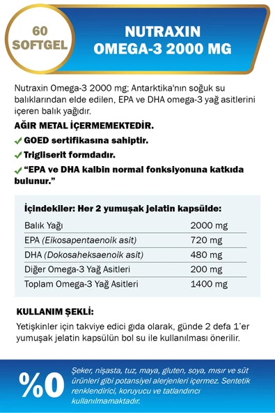 Omega 3 2000 Mg 60 Softjel - Balık Yağı, EPA 720, DHA 480 Mg - 2