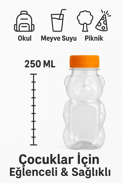 20 Adet Ayıcık Şişe – Turuncu Kapaklı, Okul ve Piknik İçin Eğlenceli Çocuk Meyve Suyu Şişesi 250 ml - 7