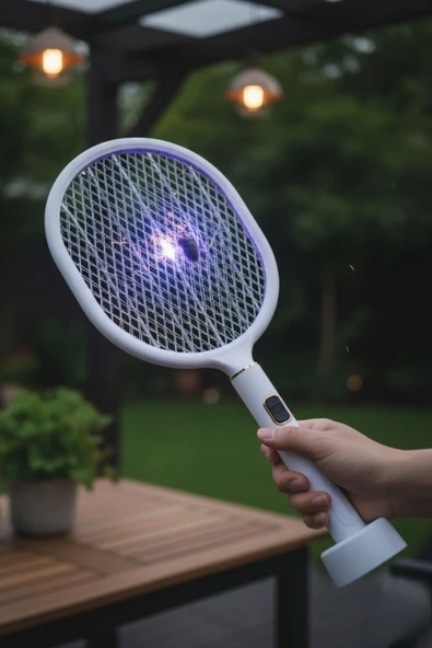 NACTUMU Kendiliğinden Standlı Şarj Göstergeli UV Işıklı Sinek Öldürme Raketi USB Şarjlı Beyaz Renk ürün görseli