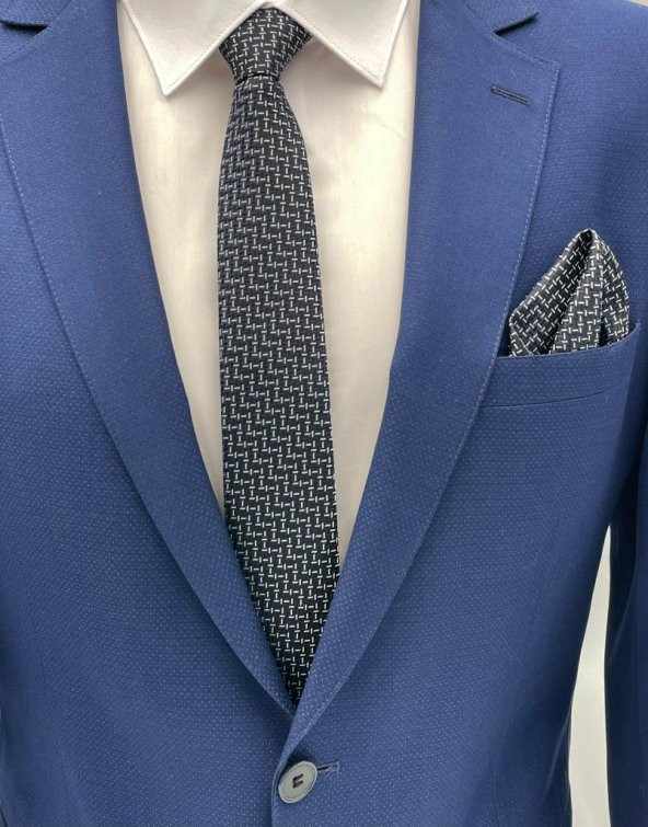 Brianze Siyah Beyaz Desenli Kravat Mendil Set ürün görseli 1