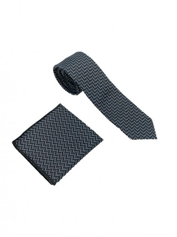 Brianze Siyah Beyaz Desenli Kravat Mendil Set - Resim 2