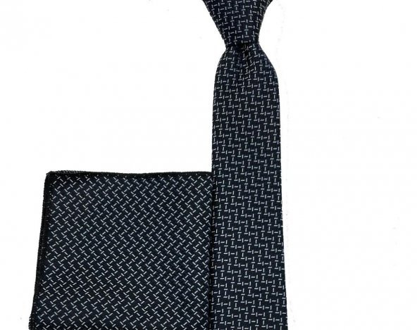 Brianze Siyah Beyaz Desenli Kravat Mendil Set - Resim 3