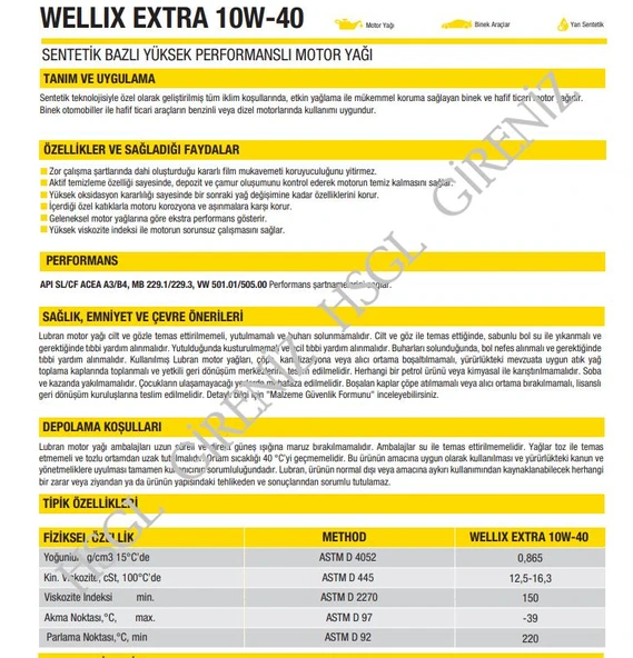 HSGL Lubran Wellix Extra 10W-40 4 LT Motor Yağı Yüksek Koruma Maksimum Performans ve Uzun Ömürlü Motor Bakımı - 2