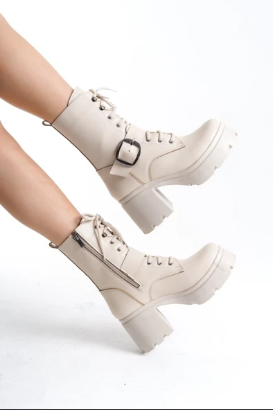 Linma Bej Cilt Bağcıklı Topuklu Bot - Resim 2