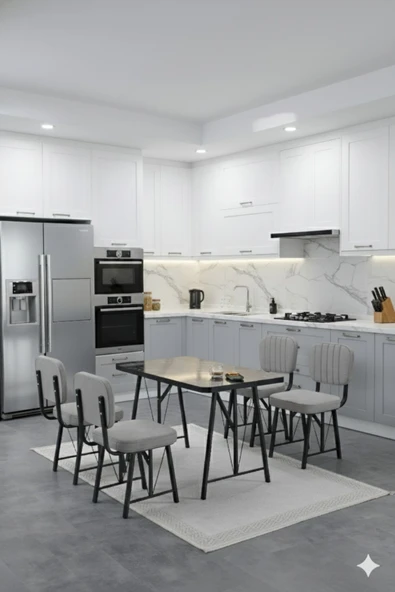 Elfin 70x110cm Sabit Siyah Yemek Masası, Yemek Masası Takımı, Mutfak Masası, 4 Gri Sandalye