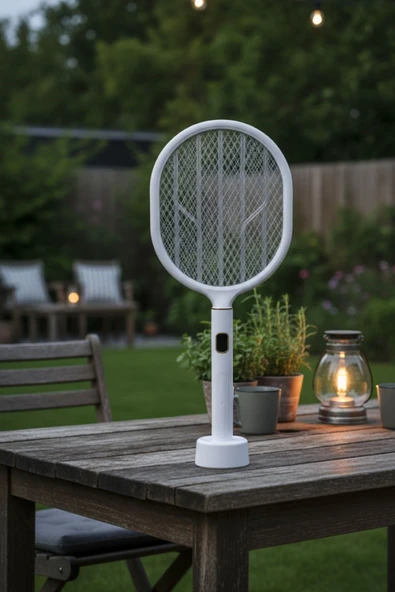 NACTUMU Kendiliğinden Standlı Şarj Göstergeli UV Işıklı Sinek Öldürme Raketi USB Şarjlı Beyaz Renk - Resim 5