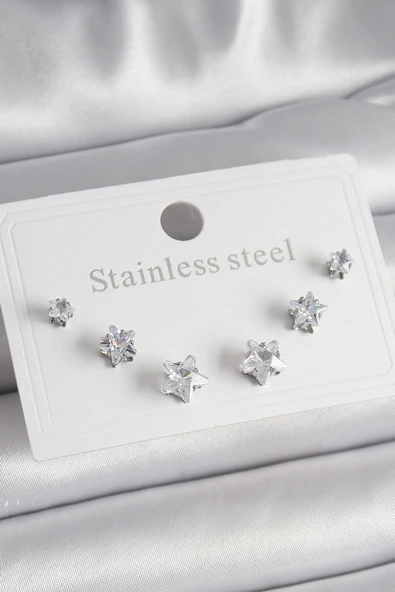 316L Çelik Gümüş Renk Zirkon Taşlı Yıldız Model Kadın Küpe Seti ürün görseli 1