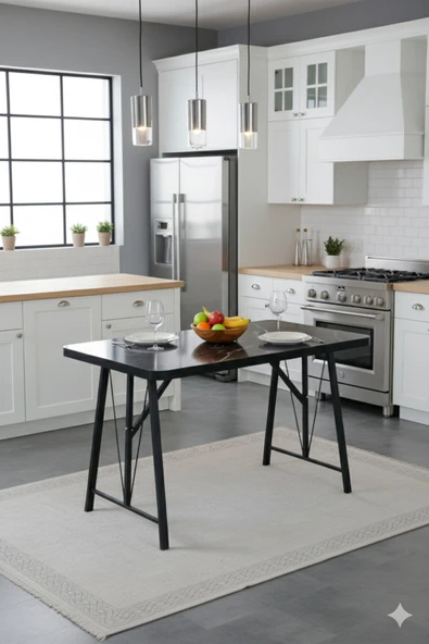 Elfin 70x110cm Sabit Siyah Yemek Masası, Yemek Masası Takımı, Mutfak Masası, 4 Gri Sandalye - 3