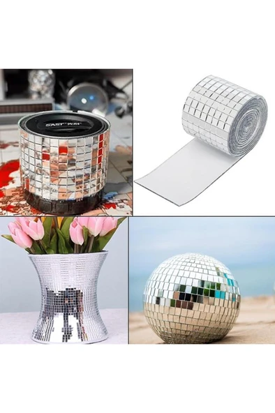 1 Rulo Gümüş Renk Aynalı Mozaik Taşlı Dekor Bant Yapışkanlı Kare Cam Ayna Taş Parti Süsleme Bandı - Resim 7