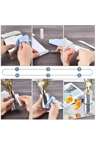 1 Rulo Gümüş Renk Aynalı Mozaik Taşlı Dekor Bant Yapışkanlı Kare Cam Ayna Taş Parti Süsleme Bandı - Resim 4