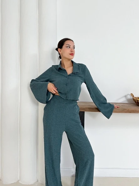 Gömlek yaka kaplama düğmeli takım petrol yeşili - Resim 10