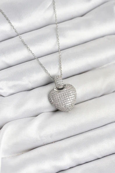 316L Çelik Zincir Gümüş Renk Zirkon Taşlı Kalpli Kadın Kolye - TJ-BKO10606 ürün görseli