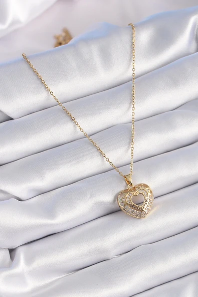 316L Çelik Gold Renk Zirkon Taşlı Kalp Model Vintage Kadın Kolye - Resim 2