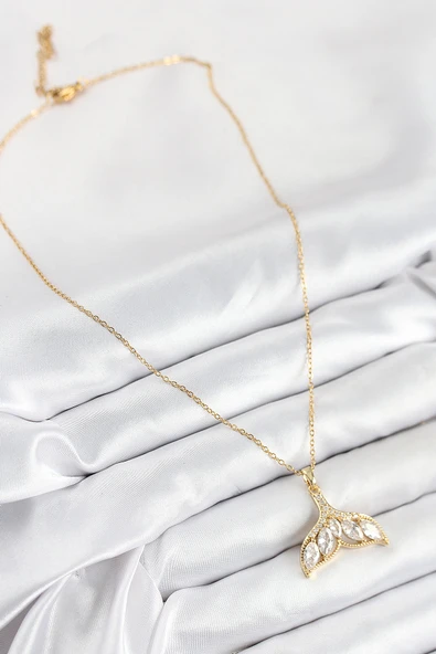 316L Çelik Zirkon Taşlı Balık Kuyruğu Model Gold Renk Kadın Kolye - Resim 2