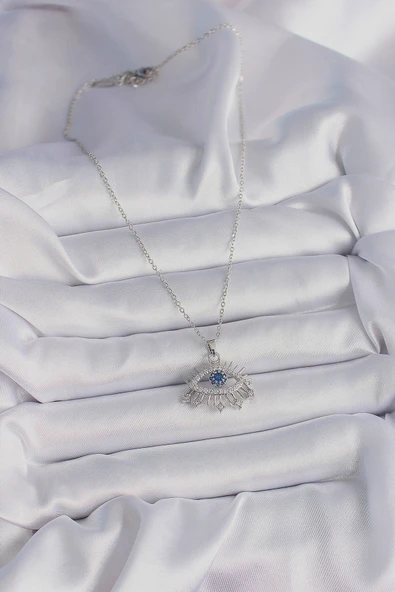 316L Çelik Gümüş Renk Zincir Zirkon Taşlı Göz Model Kadın Kolye - Resim 2