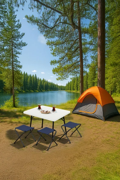 Exent 45X60 cm Kamp Sehpası + 3 Adet LACİVERT Tabure Piknik, bahçe sehpası Katlanır Sehpa-B-3L ürün görseli