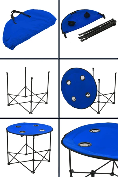 Exent 70 x 70 x 60 cm Yuvarlak Katlanır taşıma çantalı kamp masası, piknik masası-MAVİ - Resim 3