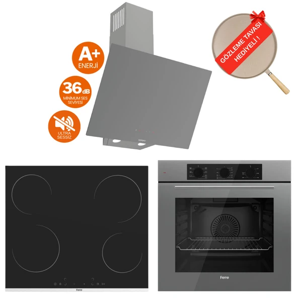 Ferre FlowArt Vita Vitroseramik Elektrikli Gri  Ankastre Set ( D079-SA Sessiz + MS261 + QBL62CPR)