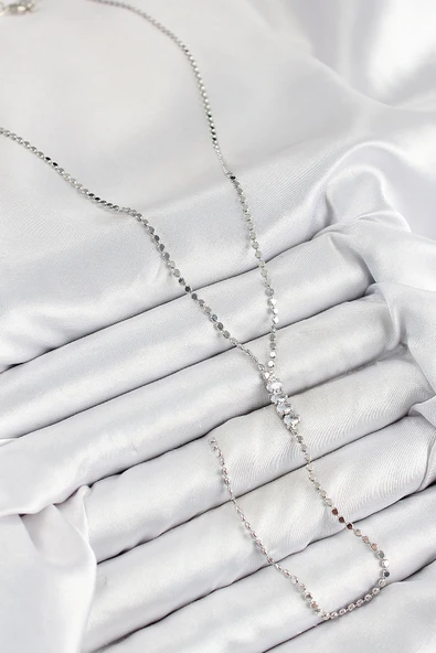 Pirinç Zirkon Taşlı Ezme Zincirli Model Gümüş Renk Y Kolye - 2