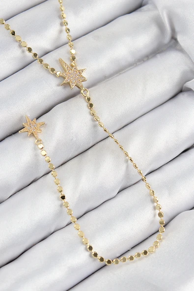 Pirinç Zirkon Taşlı Ezme Zincirli Kutup Yıldızı Model Gold Renk Y Kolye ürün görseli 1