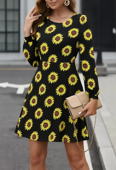 MDB Kadın Uzun Kollu Bisiklet Yaka Desenli Kısa Krep Elbise ürün görseli 1