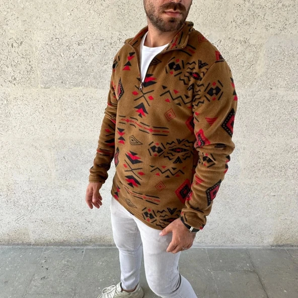 MDB Erkek Yarım Fermuarlı Desenli Polar weat Tribal Etnik Desen Yakalı, Uzun Kollu, Oversize Rahat Kalıp,  Kahverengi - Resim 4