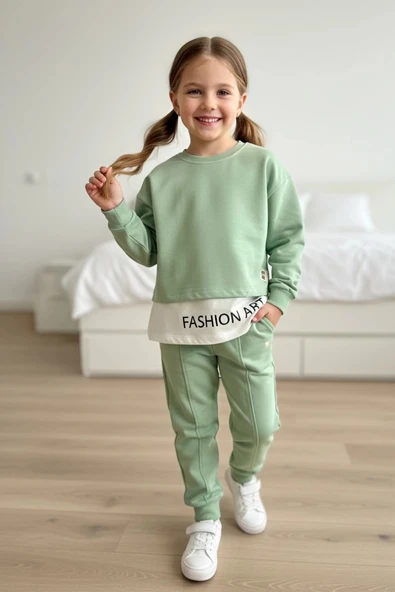 Yazı Detaylı Tarz Yeşil Renk Kız Çocuk Takım ürün görseli