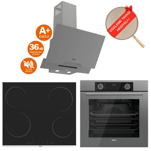 Ferre FryArt Silver Vitroseramik Elektrikli Gri  Ankastre Set ( D065-SA Sessiz + MS261 + XE63CPR) ürün görseli 1