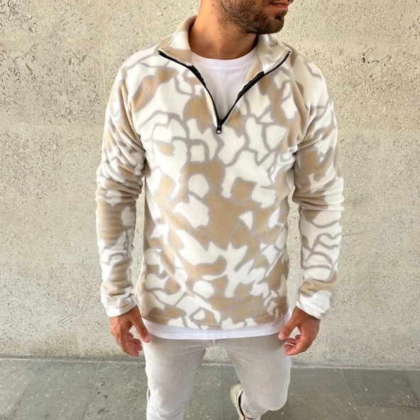 MDB Erkek Yarım Fermuarlı Desenli Polar weat Yakalı, Uzun Kollu, Oversize Rahat Kalıp  Bej - Resim 3