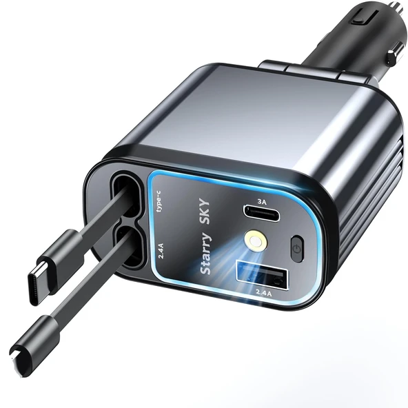 4 In 1 Geri Çekilebilir Araç Şarj Cihazı Rgb Işıklı USB C Kablosu IPhone Huawei Samsung Hızlı Şarj Kablosu Çakmak - 2