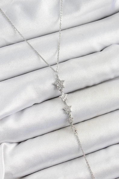 Pirinç Zirkon Taşlı Sıralı Yıldız Figürlü Y Model Gümüş Renk Kadın Kolye