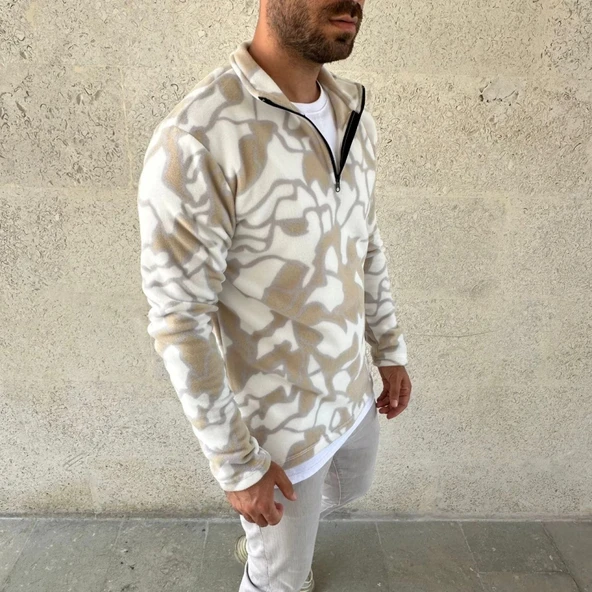 MDB Erkek Yarım Fermuarlı Desenli Polar weat Yakalı, Uzun Kollu, Oversize Rahat Kalıp  Bej - Resim 4