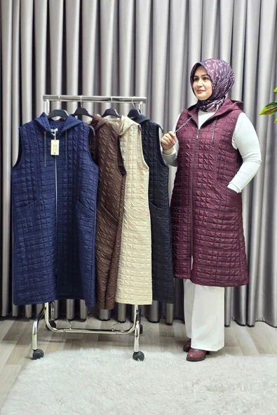 Kadın Giyim Büyük Beden Kapitone Dik Cep Yelek - Resim 9