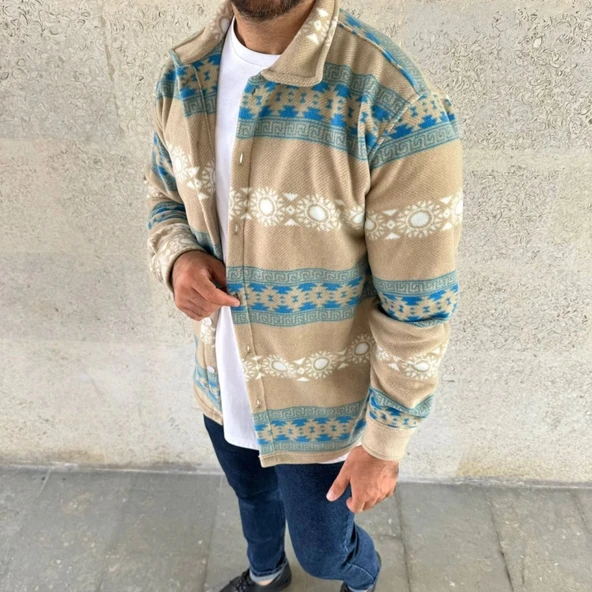 MDB Erkek Desenli Polar Gömlek – Etnik Şerit Desen Yakalı, Uzun Kollu, Düğmeli, Oversize Rahat Kalıp  arı - Resim 4