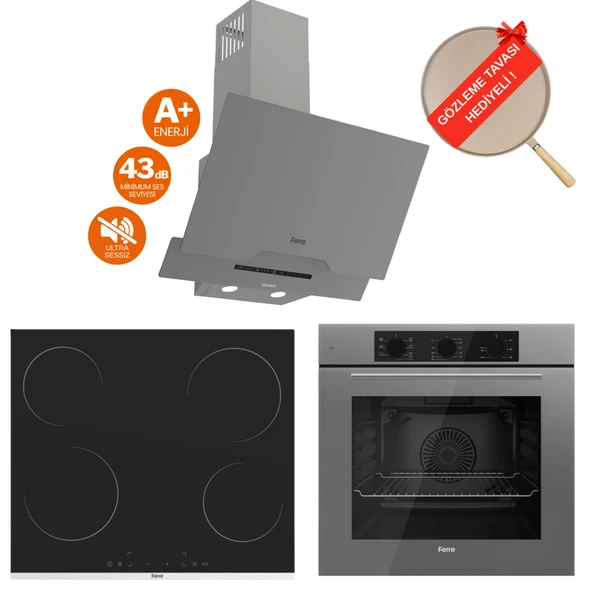 Ferre FlowArt Via Vitroseramik Elektrikli Gri  Ankastre Set ( D065-SA Sessiz + MS261 + QBL62CPR) ürün görseli