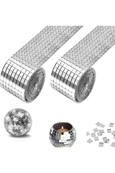 2 Rulo Gümüş Renk Aynalı Mozaik Taşlı Dekor Bant Yapışkanlı Kare Cam Ayna Taş Parti Süsleme Bandı - Resim 7