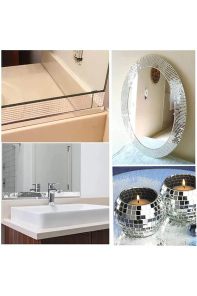 2 Rulo Gümüş Renk Aynalı Mozaik Taşlı Dekor Bant Yapışkanlı Kare Cam Ayna Taş Parti Süsleme Bandı - Resim 5