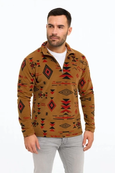 MDB Erkek Yarım Fermuarlı Desenli Polar weat Tribal Etnik Desen Yakalı, Uzun Kollu, Oversize Rahat Kalıp, Kahverengi ürün görseli 1