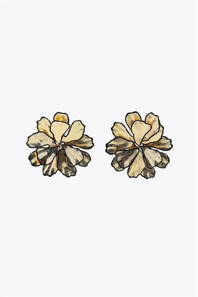 Siyah Detaylı Çiçek Küpe - Altın - 2