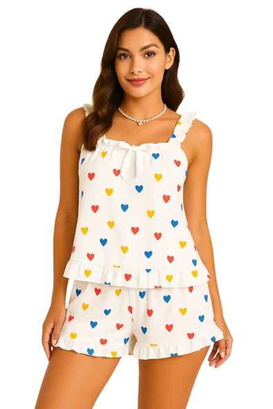 Kalp Desenli  Şortlu Pijama Takımı