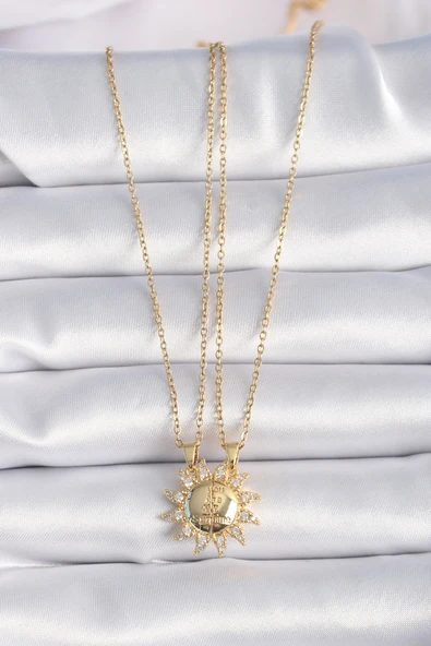 316L Çelik Gold Renk Zirkon Taşlı Güneş Model İşleme Yazı Detay Arkadaş Kolyesi - Resim 3