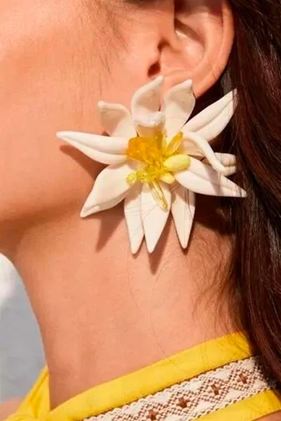 Beyaz Çiçek Küpe - Beyaz - 2