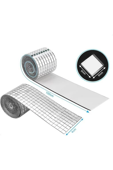 2 Rulo Gümüş Renk Aynalı Mozaik Taşlı Dekor Bant Yapışkanlı Kare Cam Ayna Taş Parti Süsleme Bandı - Resim 3