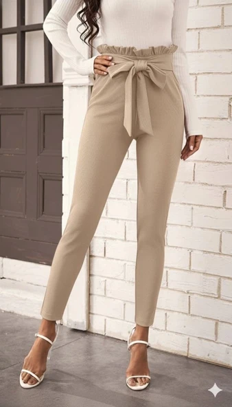MDB Kadın Yüksek Bel Beli Fırfırlı önden Bağlamalı Ithal Krep Pantolon ürün görseli 1