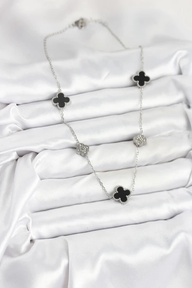 316L Çelik Zincir Gümüş Renk Siyah ve Zirkon Taşlı Yonca Kadın Kolye - Resim 2