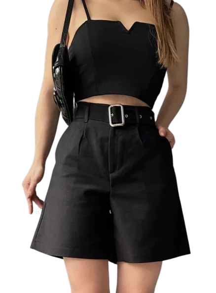 Rahat Kesim Kemerli  Şort -SİYAH